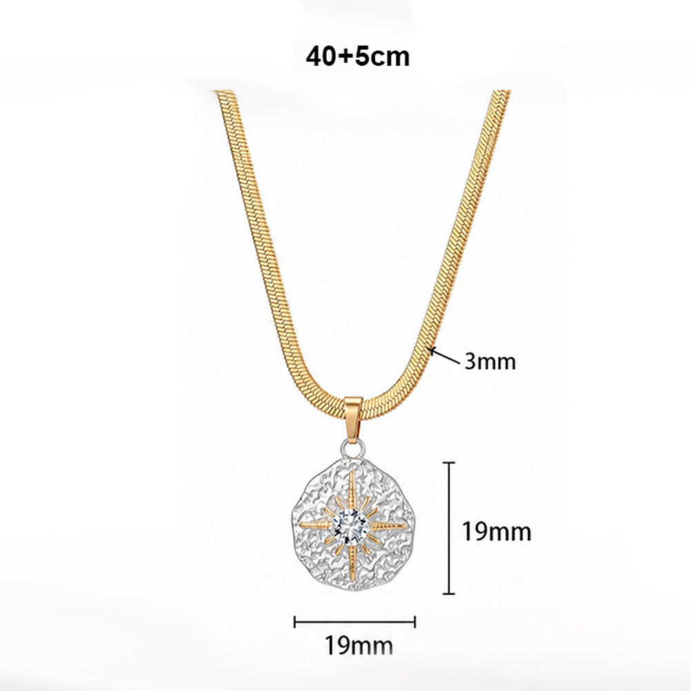 Stainless Steel Two-Tone North Star Medallion Necklace, Hammered Textured Round Disc Pendant with Gold Accent Star and Central CZ, Flat Snake Chain