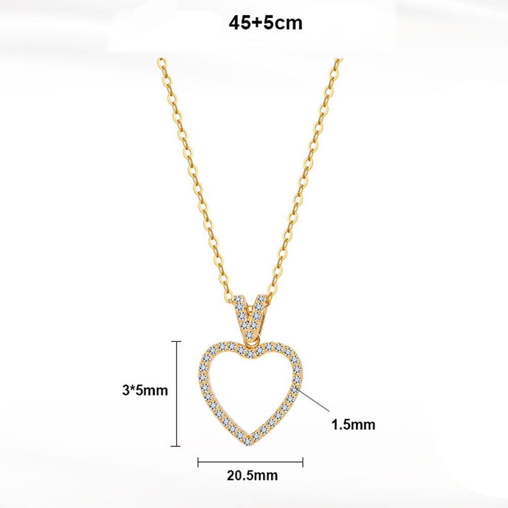 316 Stainless Steel Open Hollow Heart Necklace, Full Paved Sparkling Cubic Zirconia Outline, Dainty V-shaped CZ Paved Bail, Thin Cable Chain