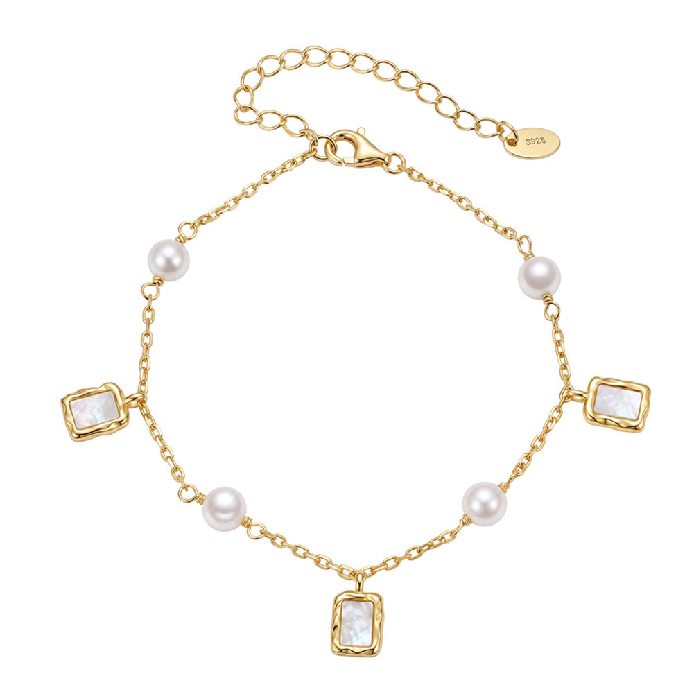 S925 Sterling Silver Bracelet, Round Lustrous Freshwater Pearls with Soft Natural Sheen and Square Mother-of-Pearl Charms
