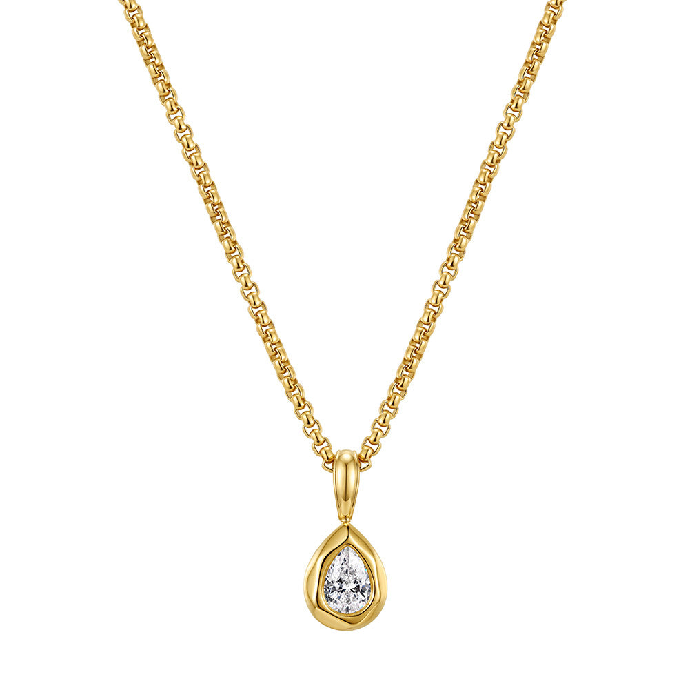 Stainless Steel Teardrop Cubic Zirconia Pendant Necklace, Sparkling Teardrop Cut CZ Stone Bezel Set in Smooth Silver Frame