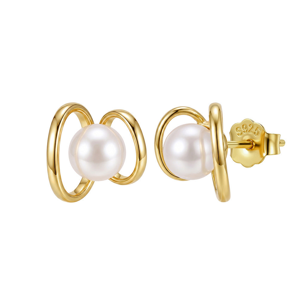 S925 Sterling Silver Double Ring Pearl Stud Earrings, Single Round Pearl with Glossy Even Luster Wrapped by Interlocking Polished Silver Rings