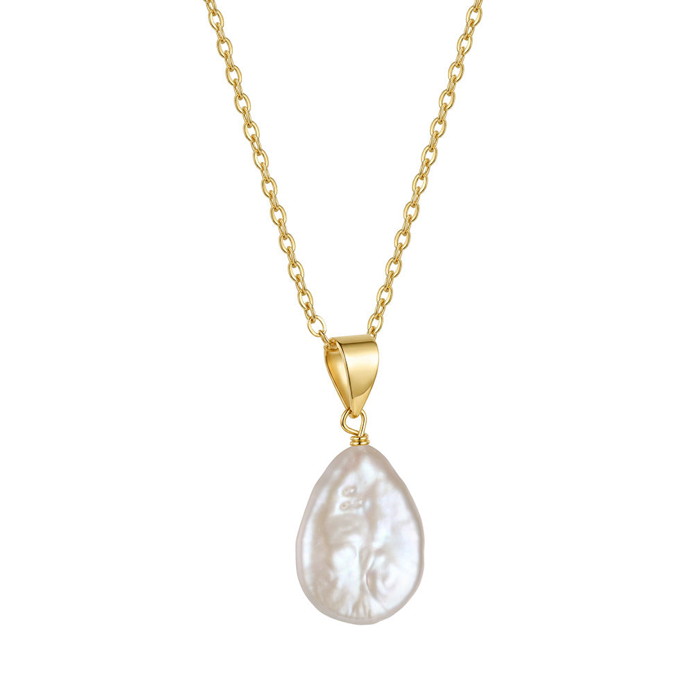 S925 Sterling Silver Teardrop Baroque Pearl Pendant Necklace, Natural Organic Shaped Freshwater Pearl with Smooth Lustrous Surface