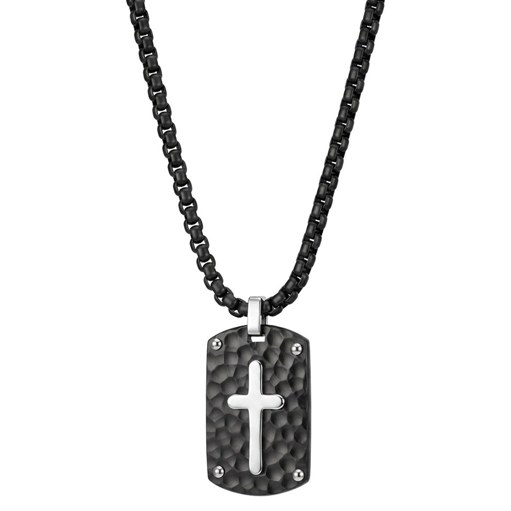 316 Stainless Steel Hammered Textured Black Dog Tag Necklace, Two-Tone Silver Inlaid Cross Pendant with Rivet Details, Black Box Chain for Men