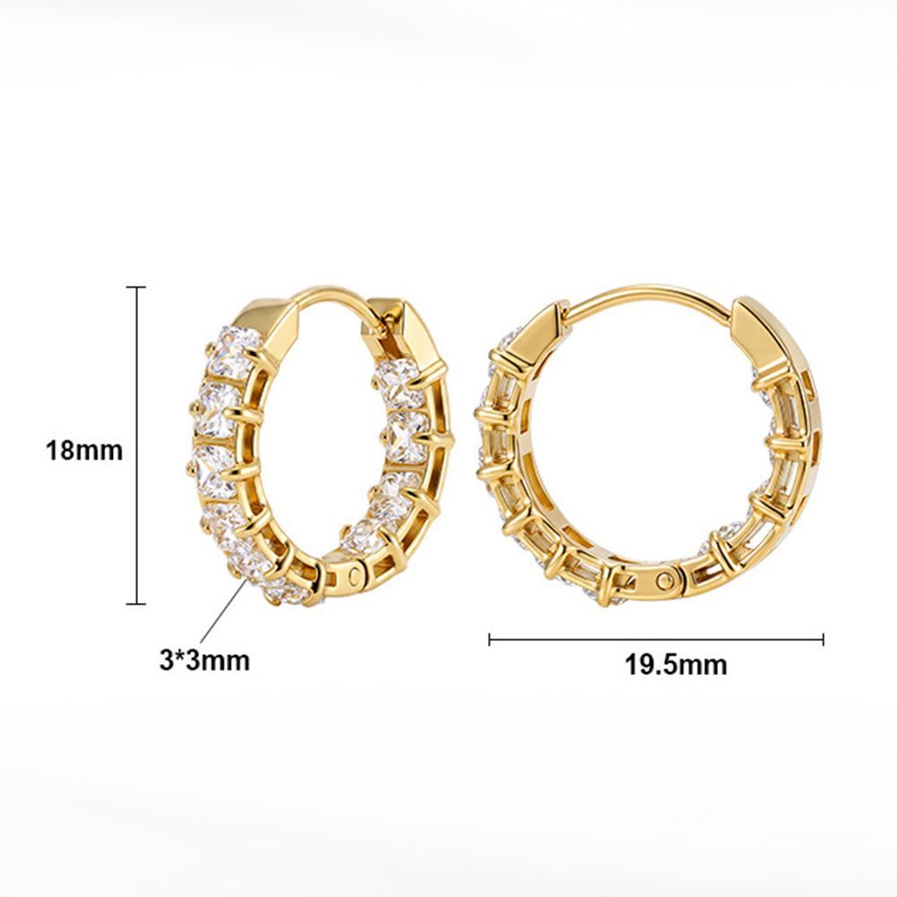 316 Stainless Steel Square Cut CZ Paved Huggie Hoop Earrings, Full Outer Row of Princess Cut Cubic Zirconia, Open Hollow Frame Structure, Hinged Snap Closure, Luxe Sparkling Stackable Hoop Earrings