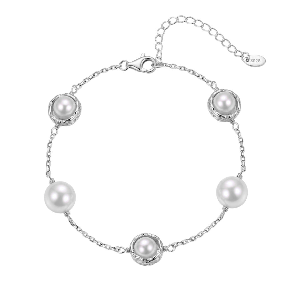 S925 Sterling Silver Station Pearl Bracelet, Large Glossy Round Pearls with Rich Luster Set in Textured Silver Bezel Frames