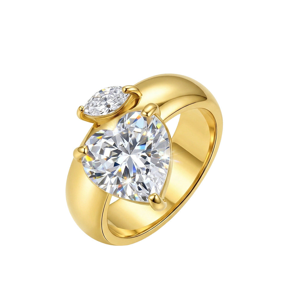 Stainless Steel Gold Plated Chunky Band Ring with Large Heart CZ and Marquise CZ