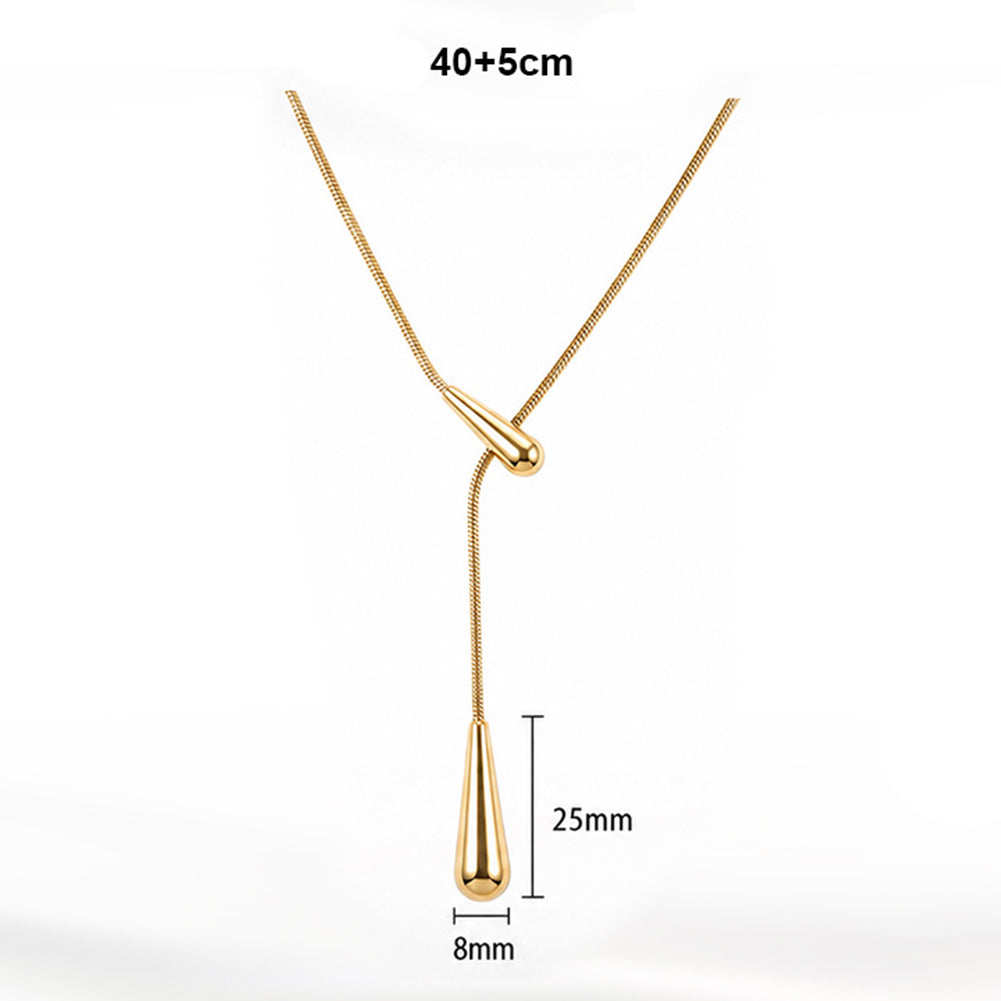 Stainless Steel Sliding Teardrop Lariat Necklace, Adjustable Y-Style Lariat with Two Glossy Teardrop Charms on Slim Snake Chain