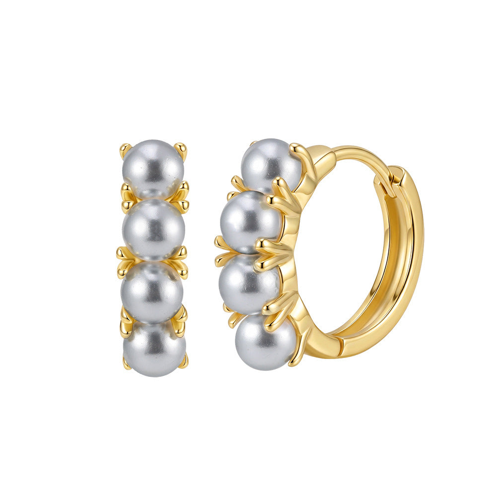 S925 Sterling Silver Grey Pearl Huggie Hoop Earrings, Four Graduated Round Pearls with Muted Smoky Luster