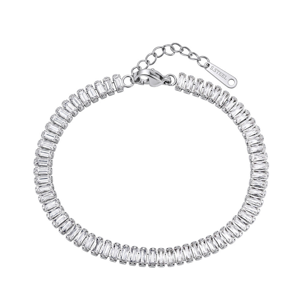 Stainless Steel Full Baguette CZ Tennis Bracelet, Continuous Rectangular Clear Cubic Zirconia Bracelet