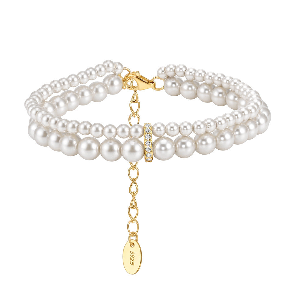 S925 Sterling Silver Multi-Layer Grey Pearl Bracelet, Graduated Round Grey Pearls with Silky Gray Shimmer Accented with Sparkling Zircon
