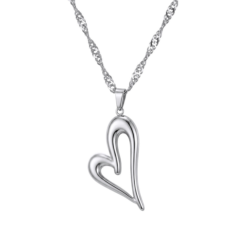 Stainless Steel Open Hollow Heart Pendant Necklace, Polished Abstract Hollow Heart Charm with Smooth Curved Lines, Thick Curb Chain