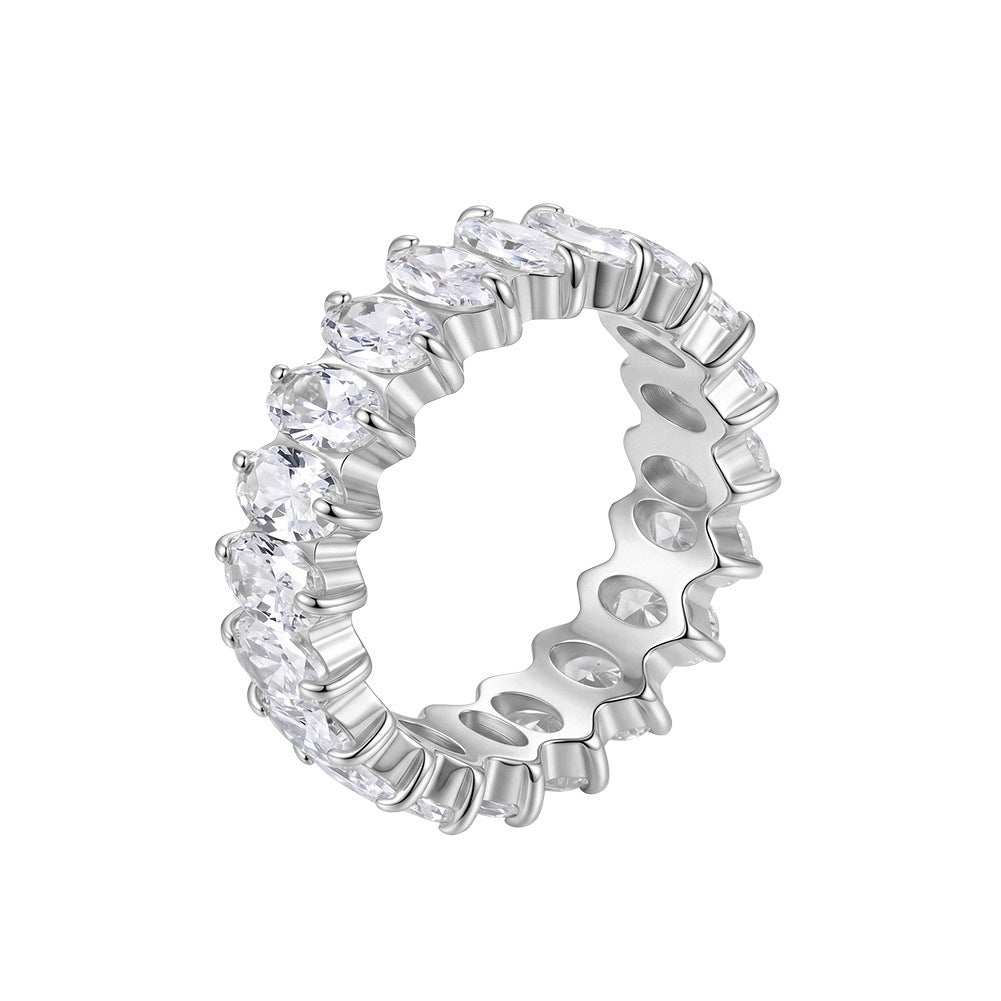316 Stainless Steel Full Eternity Band Ring, Prong Set Oval Cut Cubic Zirconia All Around, Smooth Polished Surface, Hollow Inner Design, Glamour Stackable Statement Ring for Women