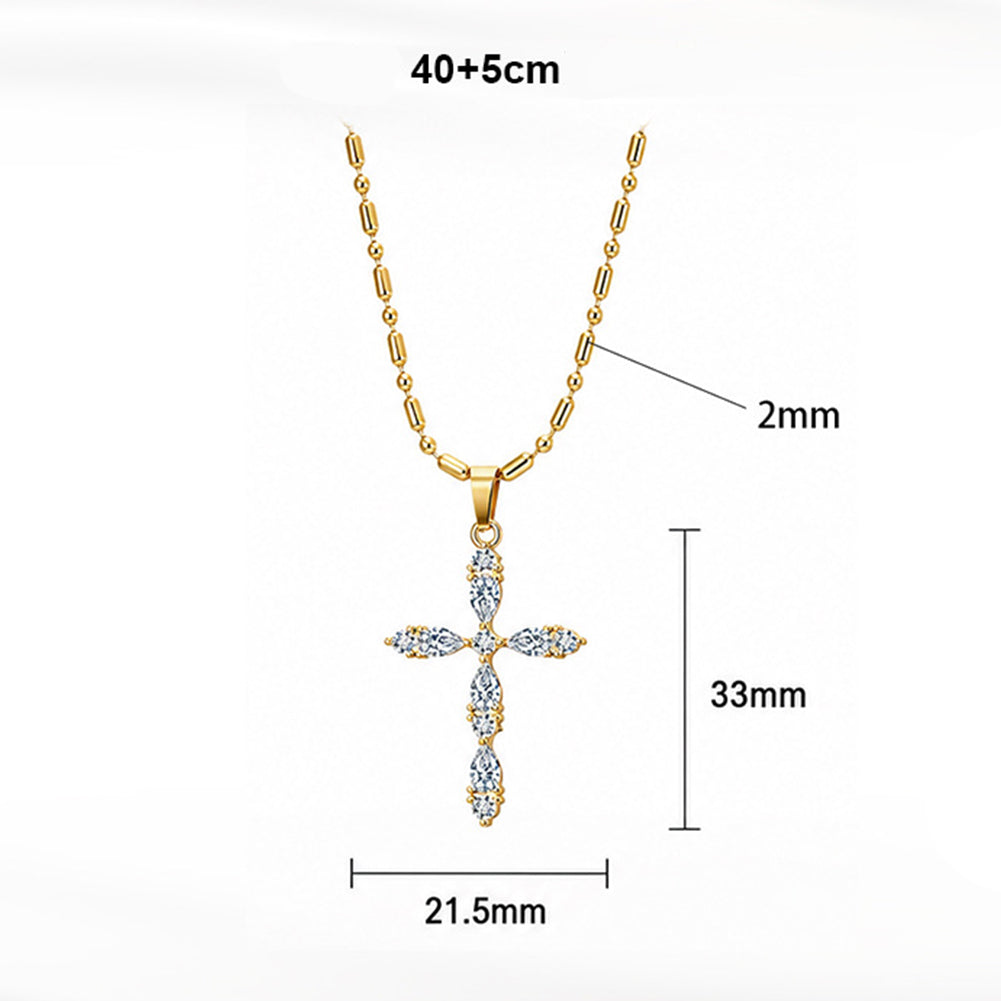 Stainless Steel Marquise CZ Cross Necklace, Marquise Cut CZ Stone Cross Pendant, Mixed Ball and Tube Beaded Station Chain
