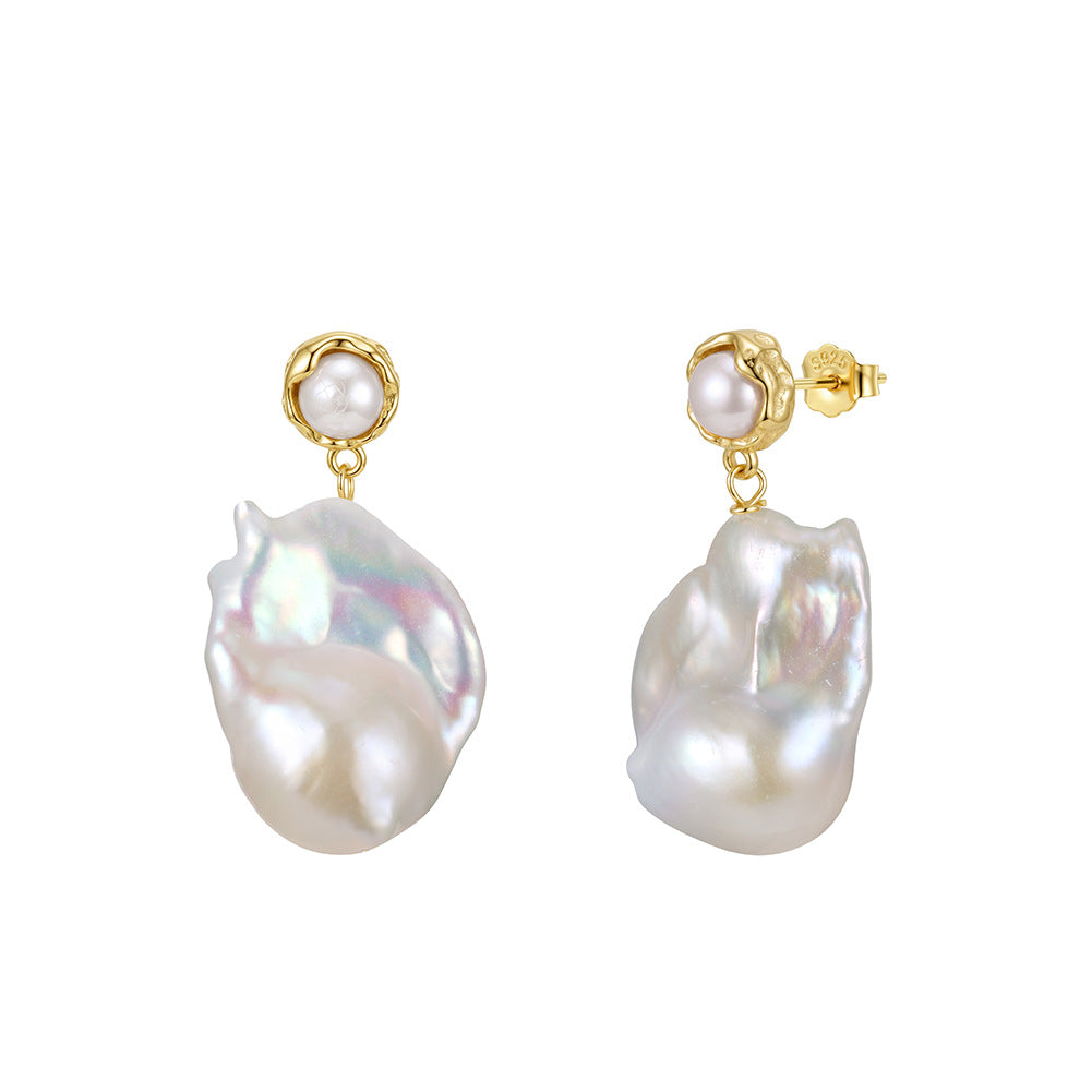S925 Sterling Silver Dual Pearl Drop Earrings, Small Round Lustrous Pearl with Large Irregular Baroque Pearl Showing Vibrant Rainbow Orient