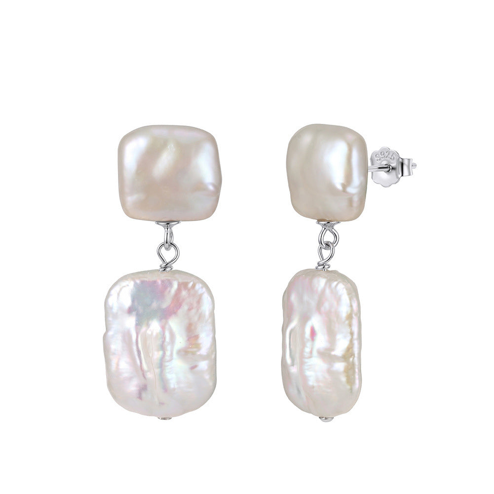S925 Sterling Silver Double Square Baroque Pearl Drop Earrings, Two Stacked Square Baroque Pearls with Bright Rainbow Pearl Luster
