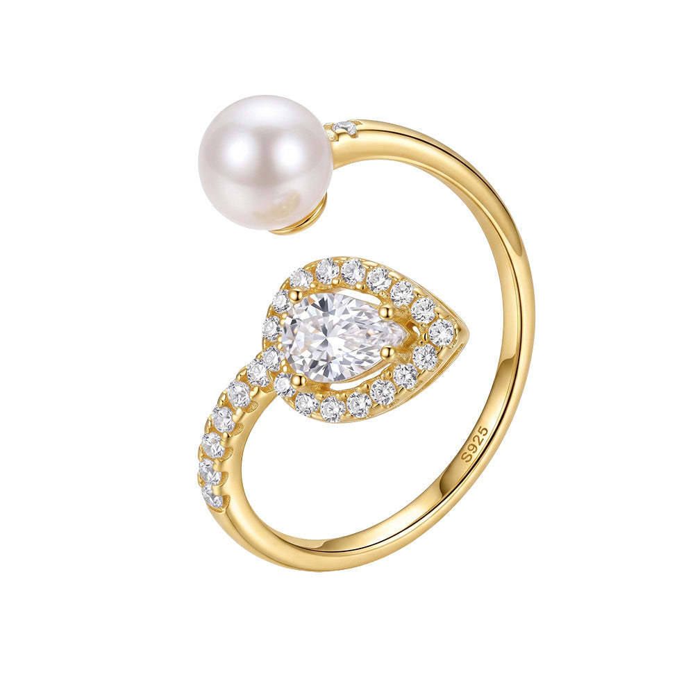S925 Sterling Silver Open Cuff Ring, Large Glossy Round Pearl with Bright Iridescent Luster Matched with Teardrop Shaped Paved Zircon