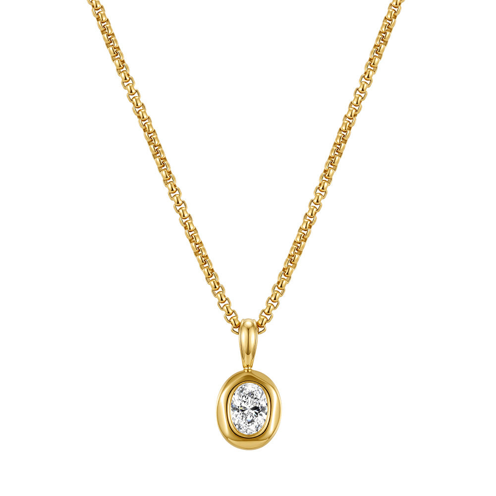 Stainless Steel Oval Cubic Zirconia Pendant Necklace, Shining Oval Cut CZ Stone Bezel Set in Polished Smooth Silver Bezel