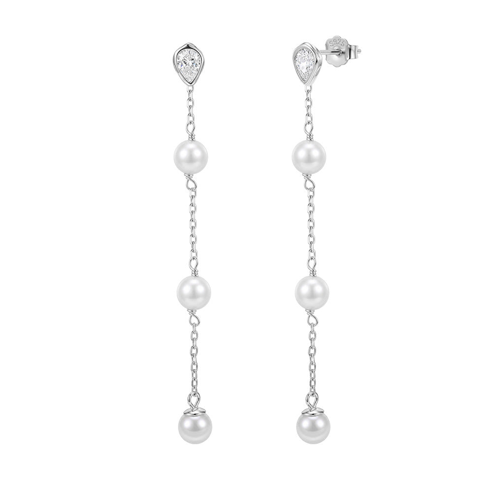 S925 Sterling Silver Long Chain Pearl Drop Earrings, Three Uniform Round Pearls with Delicate Soft Luster Suspended Below Teardrop Cut Zircon