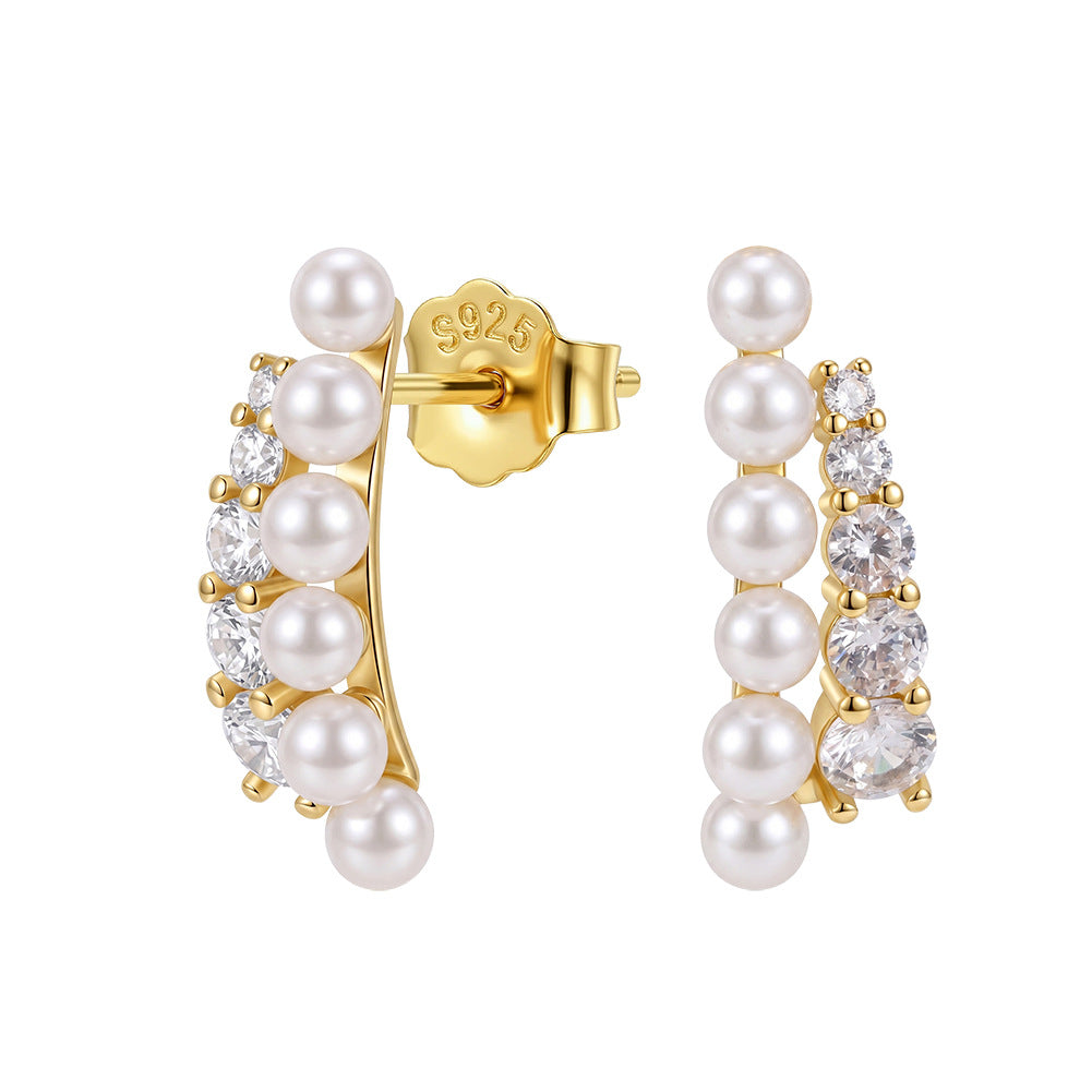 S925 Sterling Silver Curved Cuff Stud Earrings, Lustrous Round Pearls with Soft Natural Luster Paired with Graduated Sparkling Cubic Zirconia
