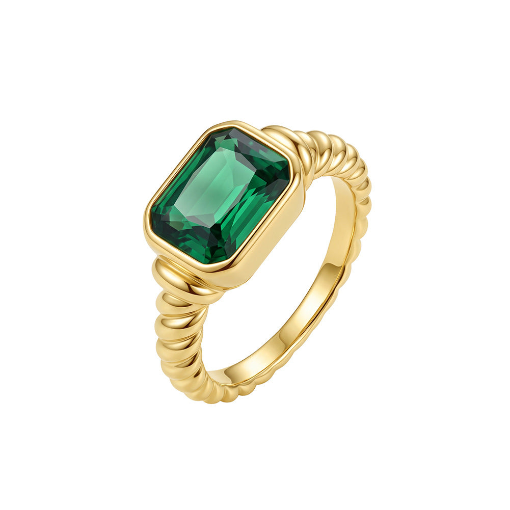 Stainless Steel Gold Plated Twisted Band Ring with Rectangle Emerald Green CZ Stone