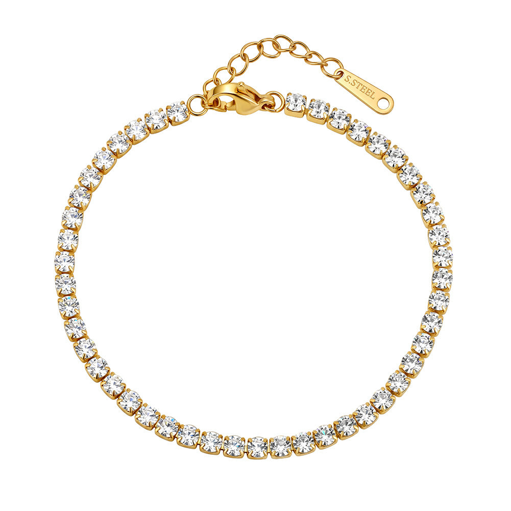 Stainless Steel Round CZ Tennis Bracelet, Prong Set Clear Cubic Zirconia Adjustable Sparkling Bracelet