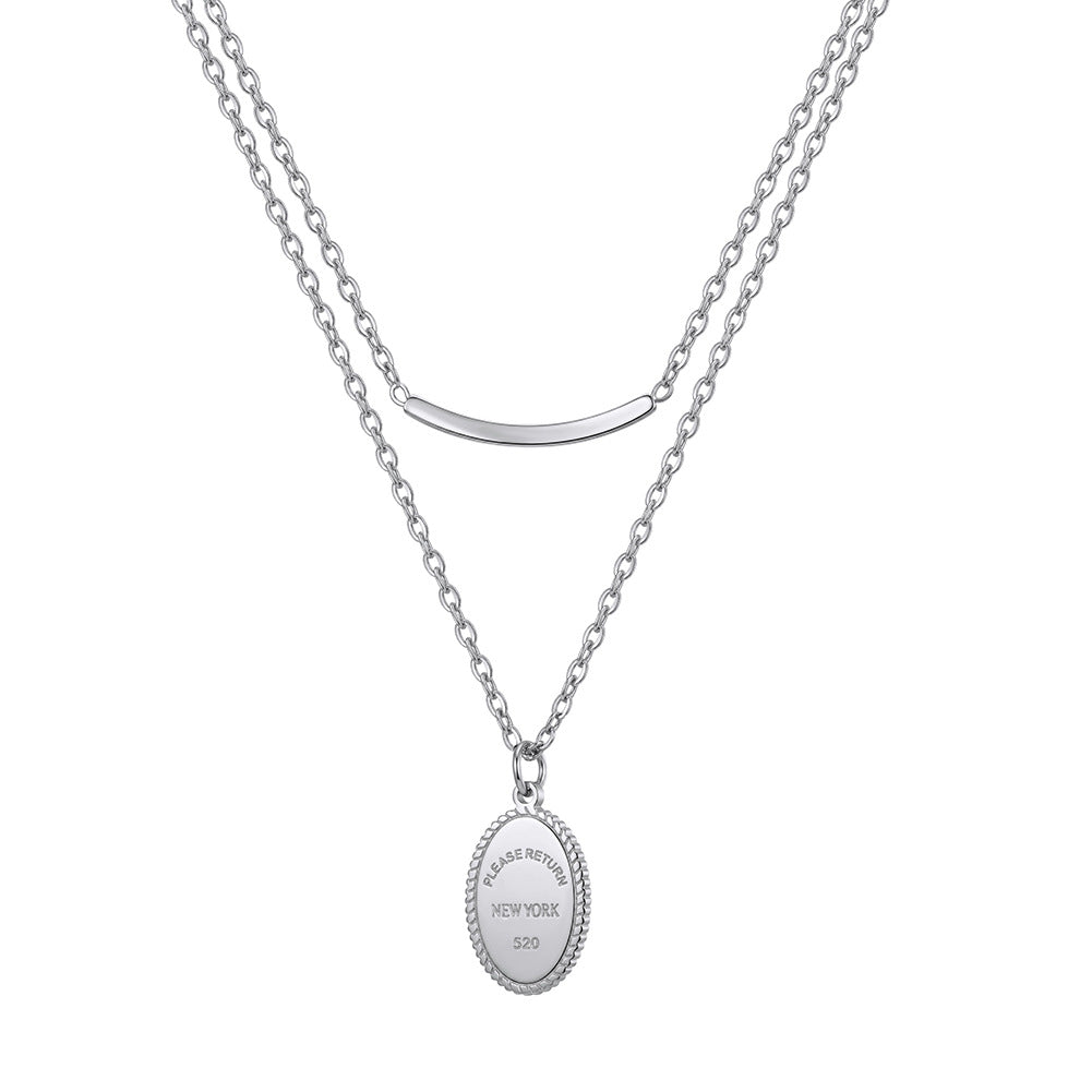 Stainless Steel Double Layer Curved Bar Oval Tag Necklace, Stackable Two-Row Chain with Smooth Curved Bar and Engraved Oval Rope Edge Pendant
