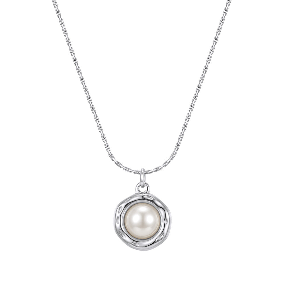 Stainless Steel Round Pearl Pendant Necklace, Smooth Lustrous Round Pearl with Soft Creamy Orient Set in Irregular Hammered Silver Frame