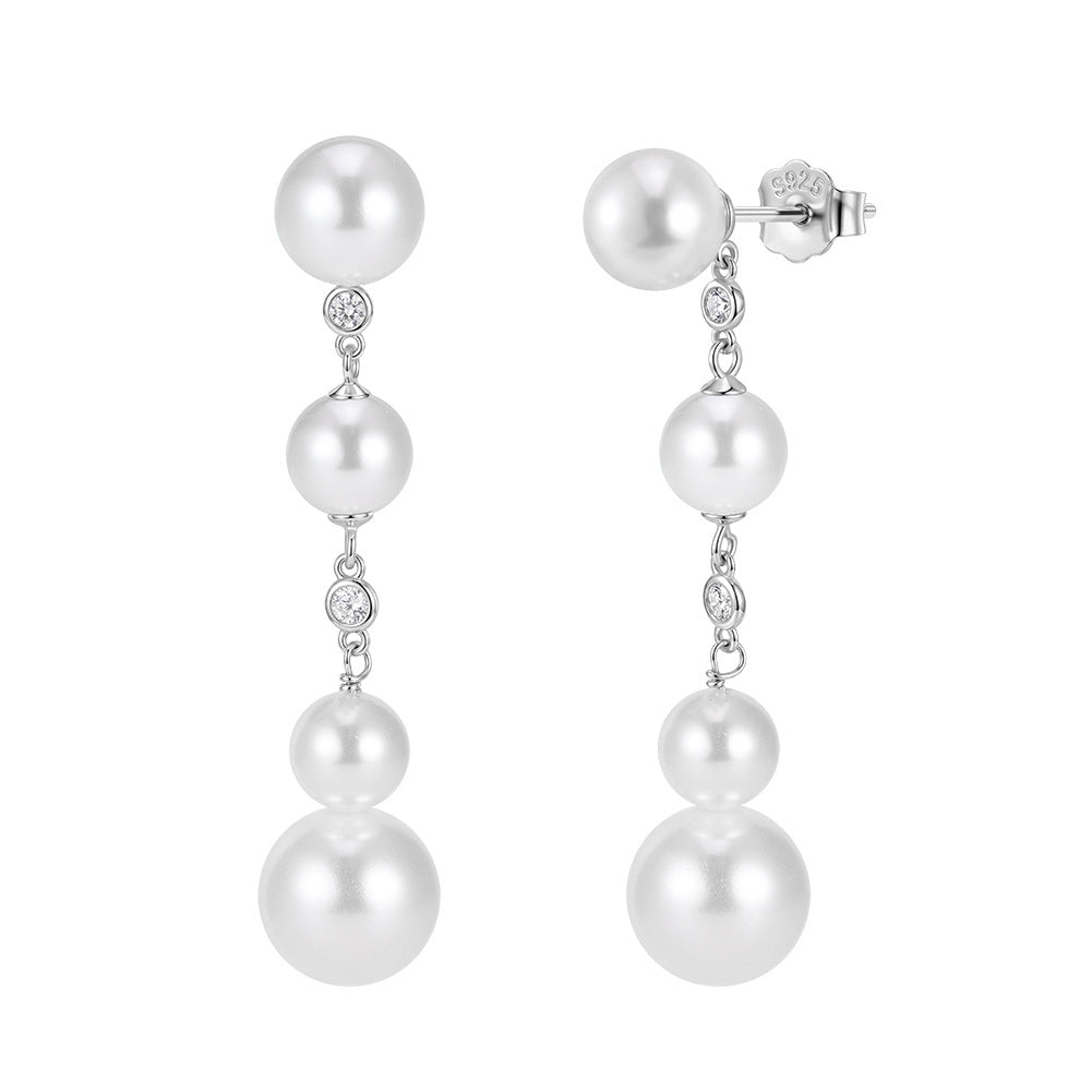 S925 Sterling Silver Layered Pearl Dangle Stud Earrings, Graduated Round Pearls with Gentle Sheen Linked by Tiny Round Cubic Zirconia Accents
