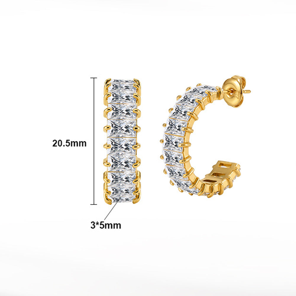 316 Stainless Steel C-shaped Half Hoop Stud Earrings, Full Paved Horizontal Baguette Cut Cubic Zirconia, Prong Setting, Secure Butterfly Backs, Glamour Sparkling Statement Earrings