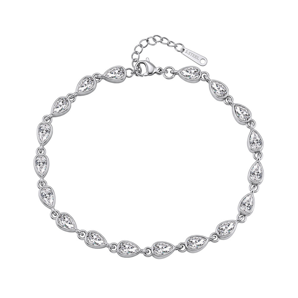 Stainless Steel Teardrop CZ Tennis Bracelet, Bezel Set Clear Teardrop Cubic Zirconia Linked Bracelet