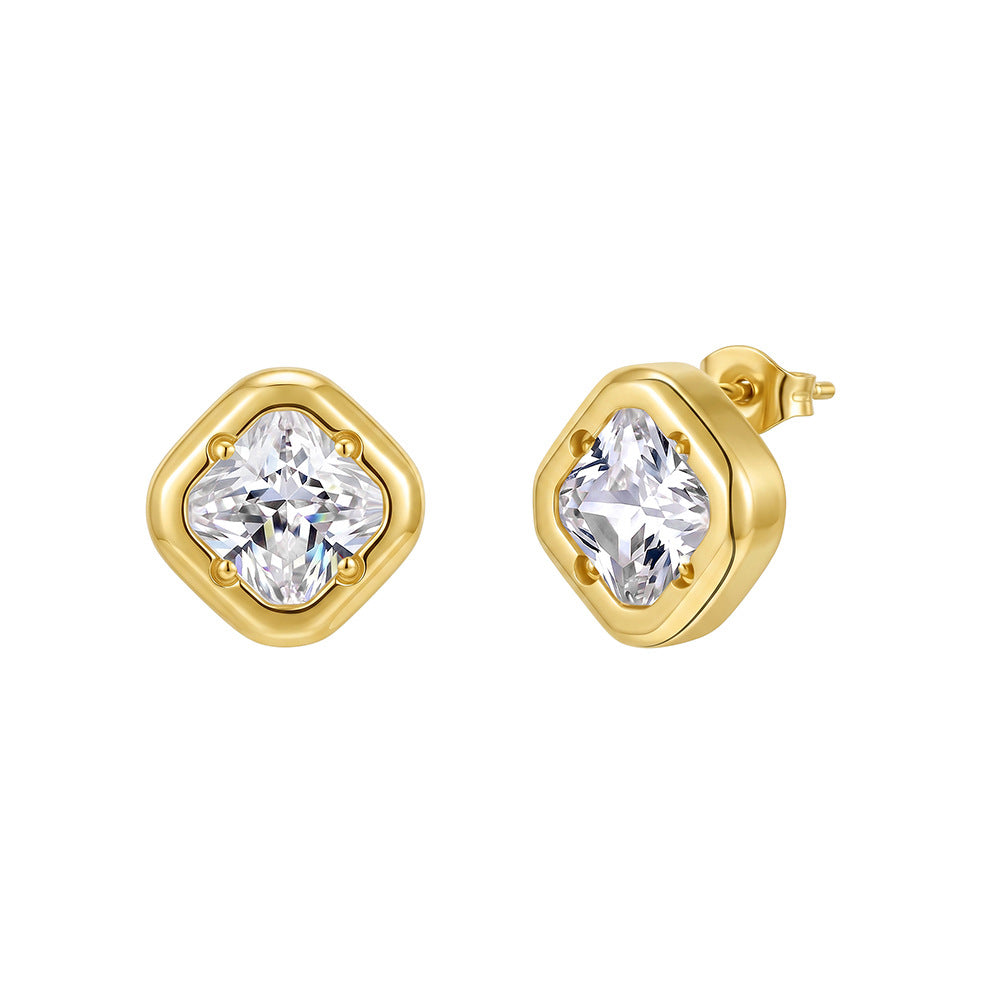 Stainless Steel Gold Plated Cushion Cut CZ Square Stud Earrings