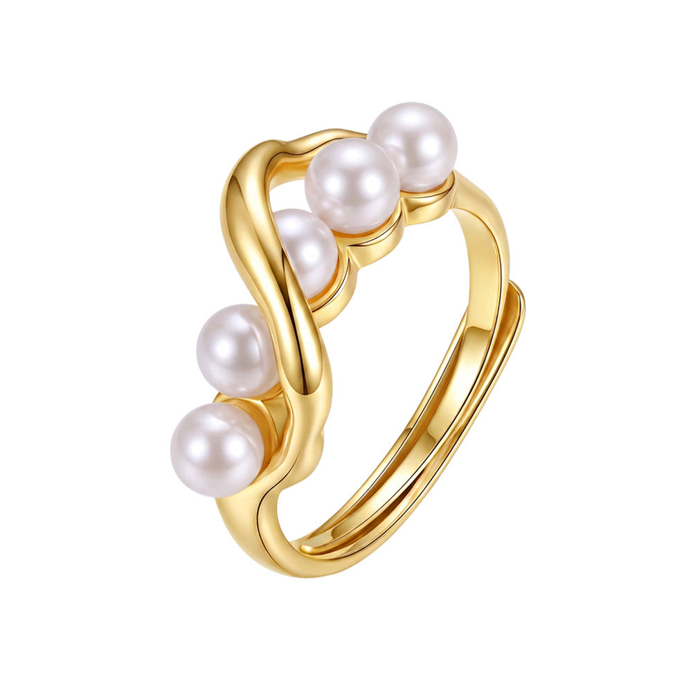 S925 Sterling Silver Intertwined Open Ring, Five Smooth Round Pearls with Rich Creamy Luster on Twisted Polished Silver Band