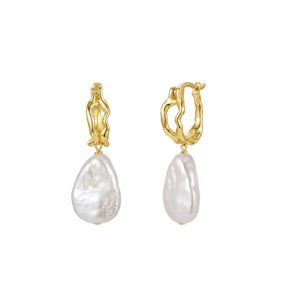 S925 Sterling Silver Wavy Open Hoop Baroque Pearl Earrings, Teardrop Baroque Pearl with Shimmering Iridescent Surface