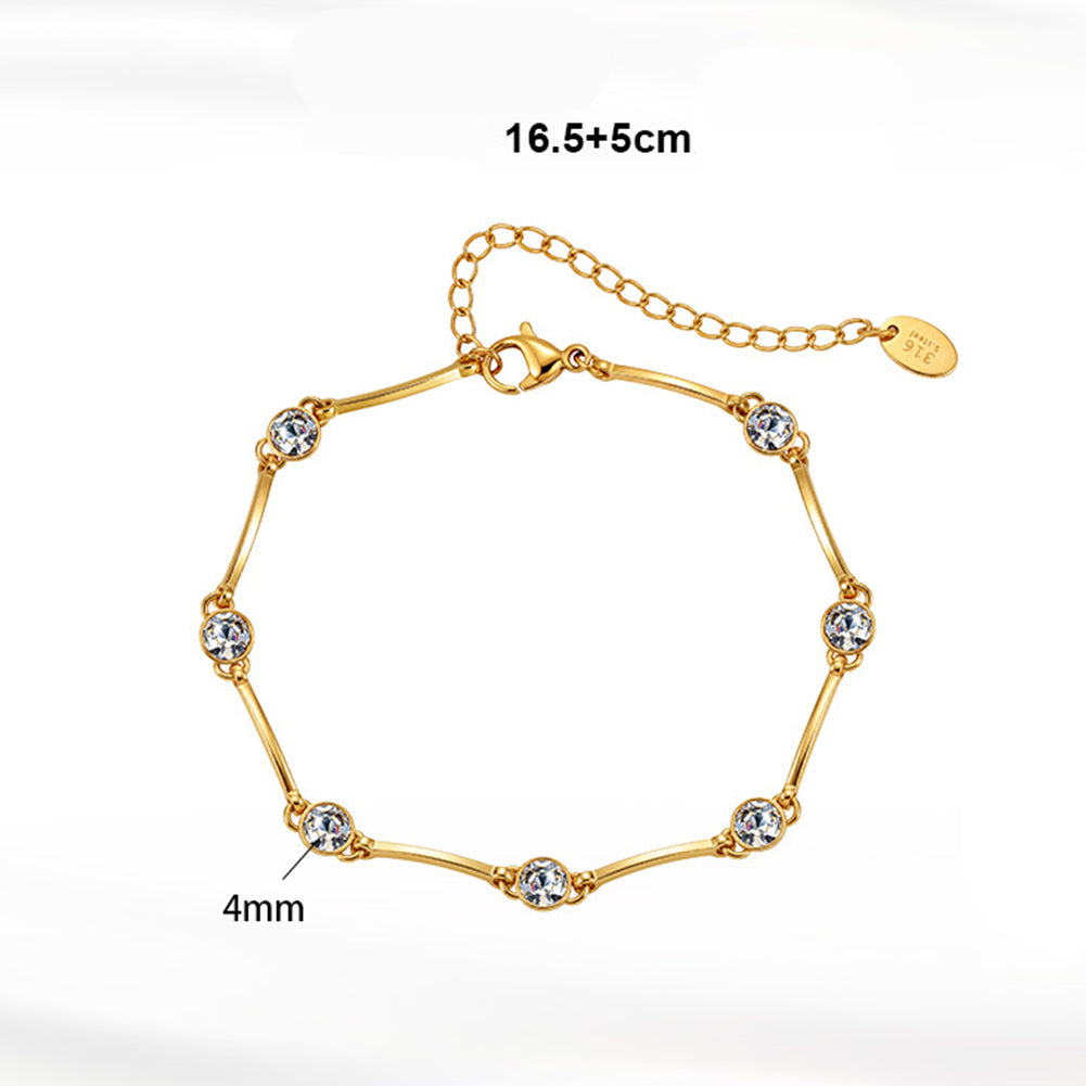 316 Stainless Steel Polished Curved Bar Bracelet with Bezel Set Round CZ Stones, 7 Sparkling Solitaire Cubic Zirconia, Adjustable Extension Chain and Lobster Clasp for Women