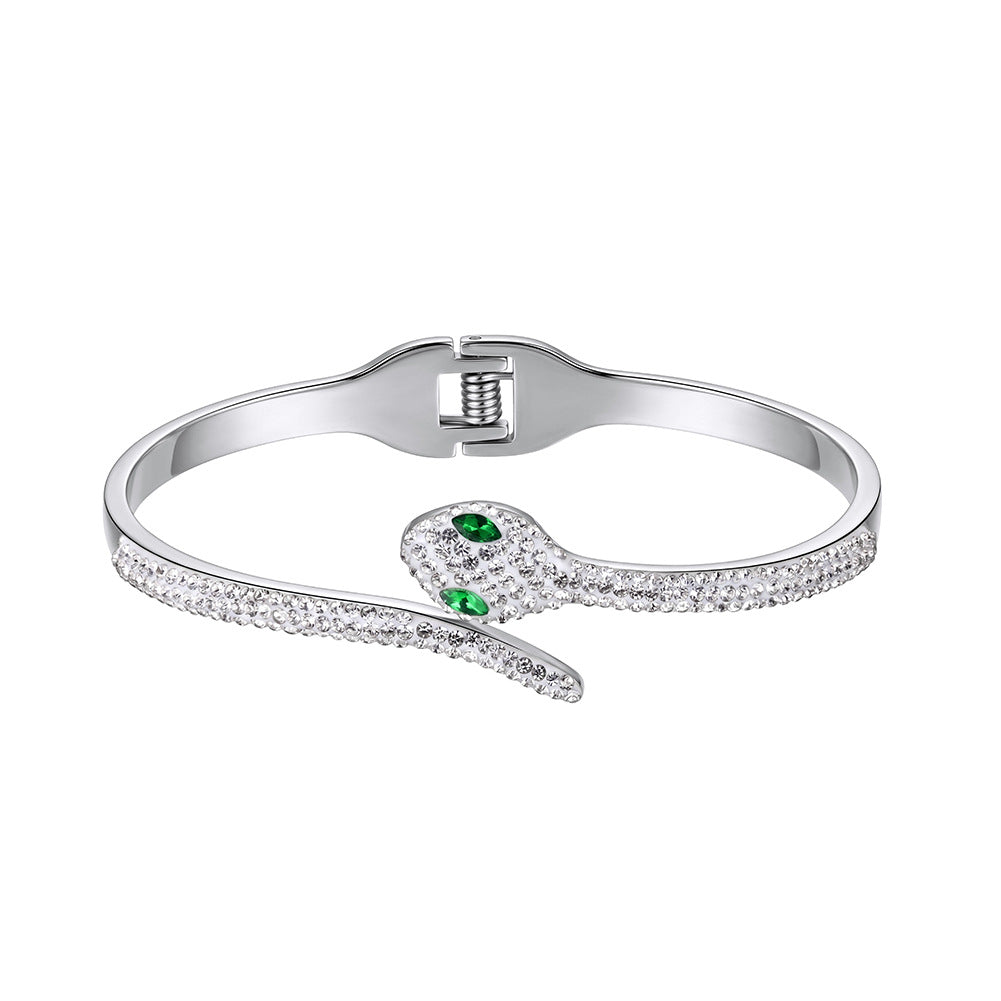 Stainless Steel Silver Snake Bangle Bracelet Paved with Clear CZ and Green CZ Eyes