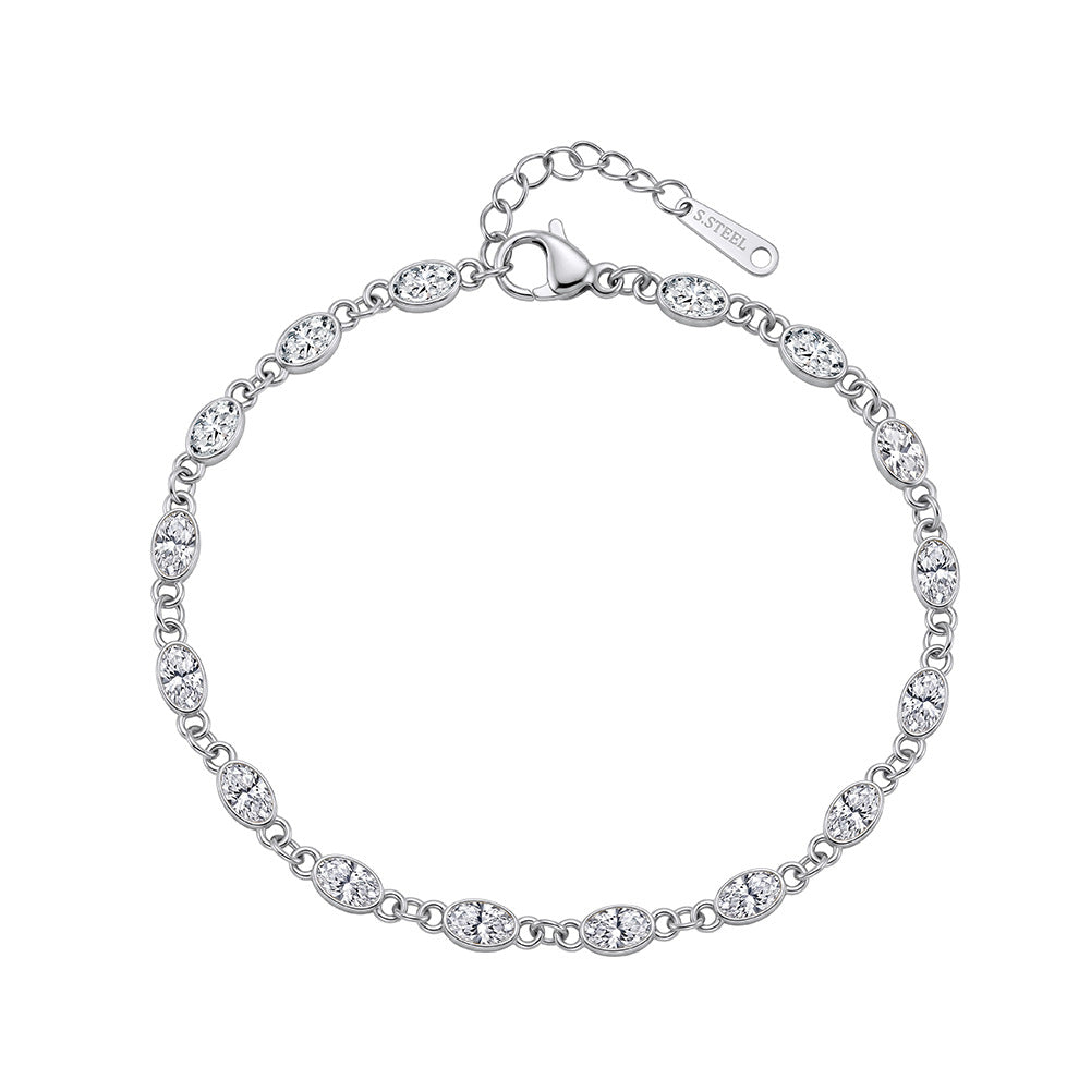 Stainless Steel Oval CZ Station Bracelet, Bezel Set Oval Clear Cubic Zirconia Dainty Chain Bracelet
