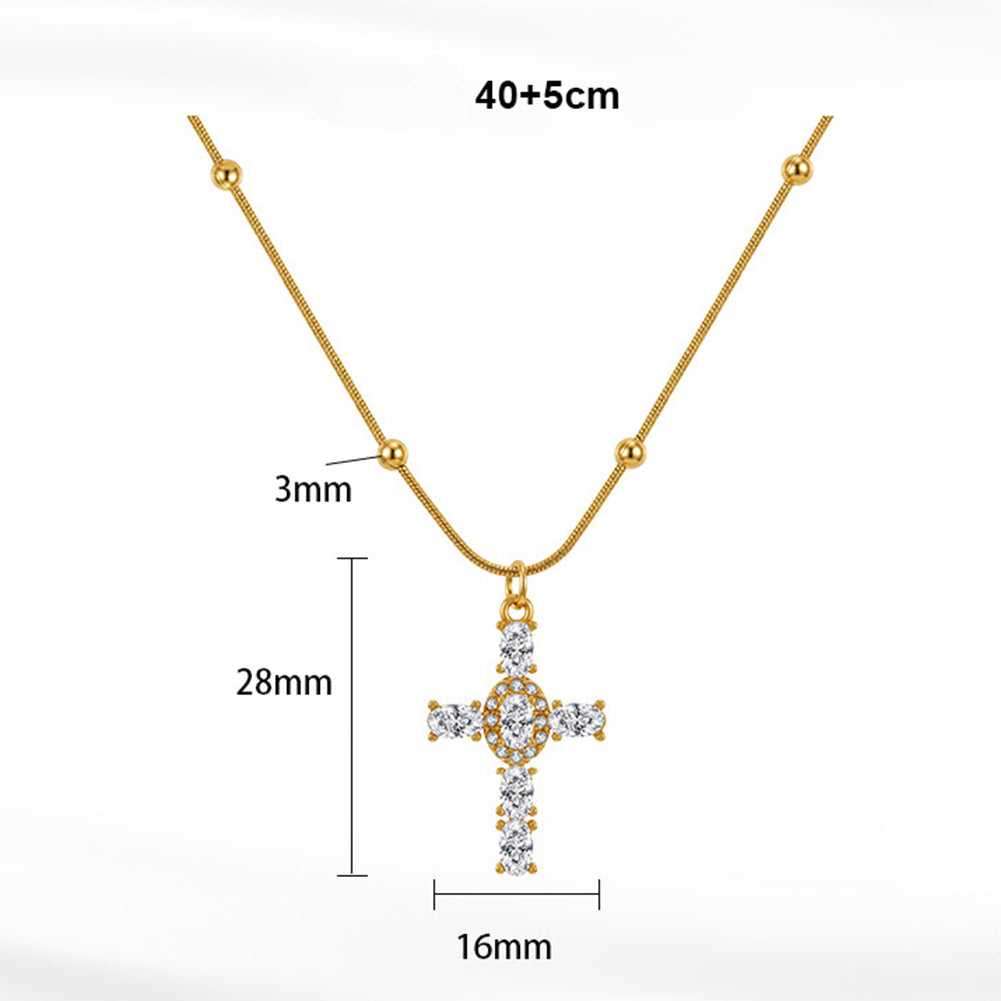 Stainless Steel Paved CZ Cross Necklace, Fully Paved Round Cubic Zirconia Cross Pendant, Beaded Snake Chain with Round Ball Station Accents