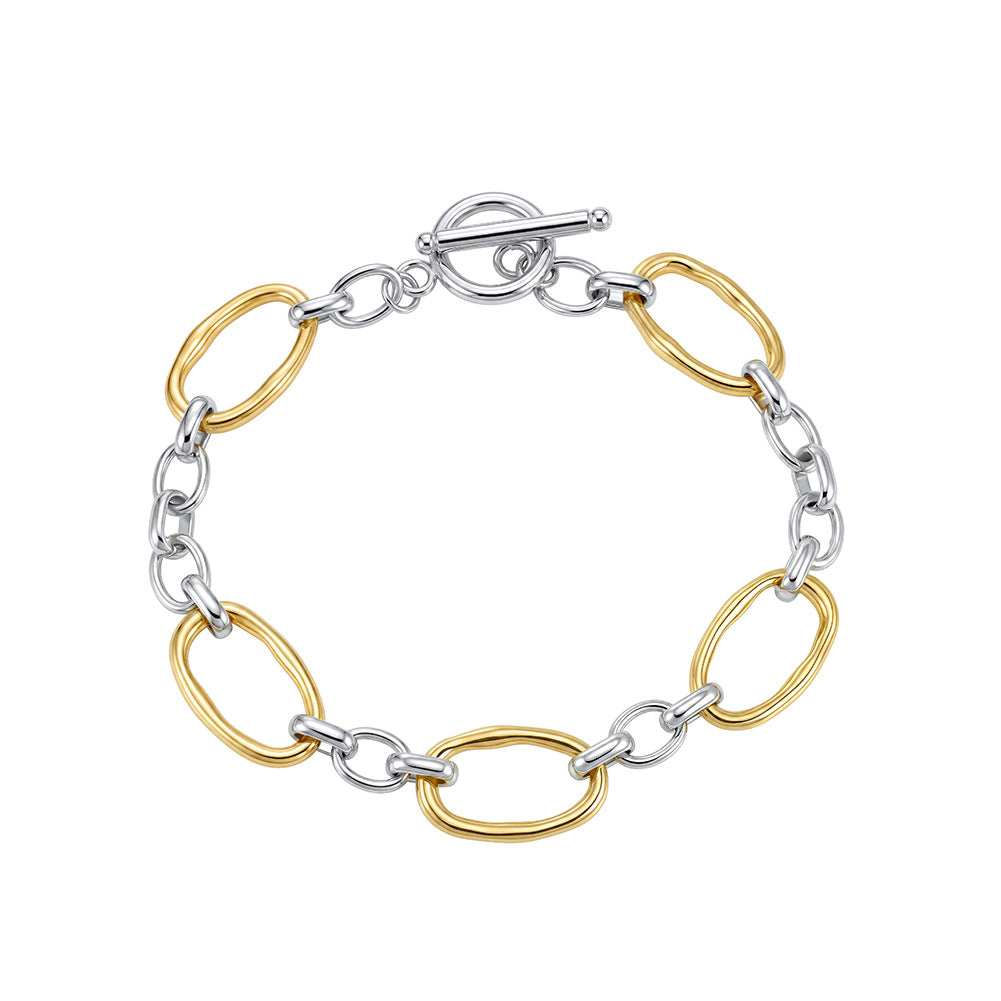 Two Tone Gold Silver Stainless Steel Chunky Oval Link Bracelet, Irregular Paperclip Chain with Toggle Clasp