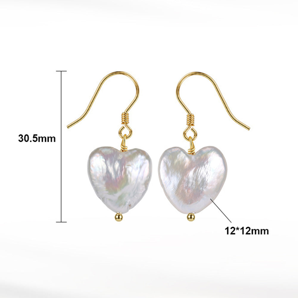 S925 Sterling Silver Fish Hook Heart Shaped Baroque Pearl Drop Earrings, Unique Heart Form Baroque Pearl with Gorgeous Rainbow Iridescent Orient Luster