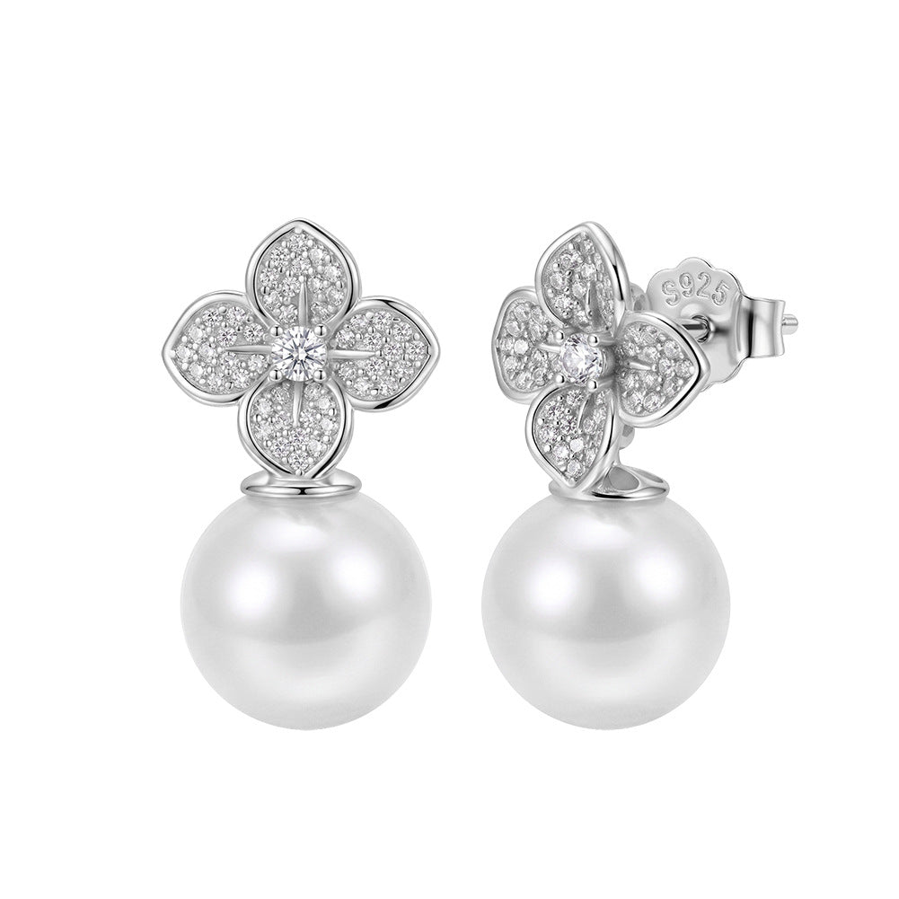 S925 Sterling Silver Flower Pearl Drop Earrings, Large Glossy Round Pearl with Rich Creamy Iridescent Luster Under Pave Zircon Four-Leaf Flower Top