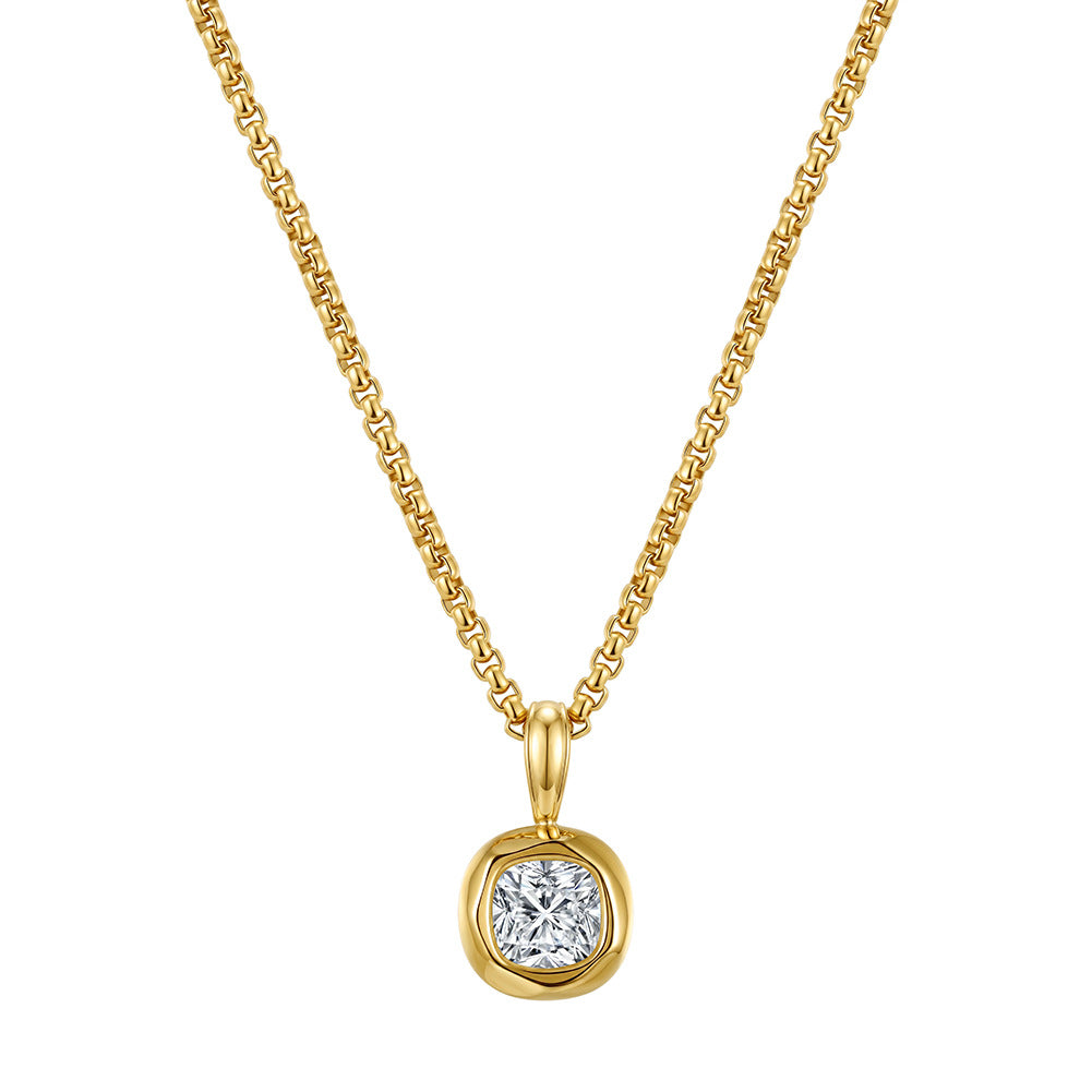 Stainless Steel Cushion Cut Cubic Zirconia Necklace, Brilliant Cushion CZ Stone with Bright Sparkle Bezel Set in Soft Round Silver Setting