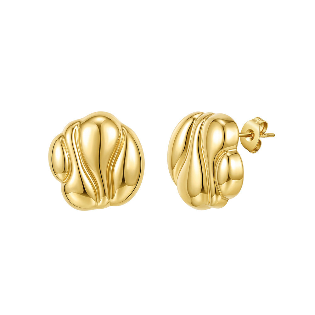 Stainless Steel Gold Plated Textured Wavy Dome Stud Earrings