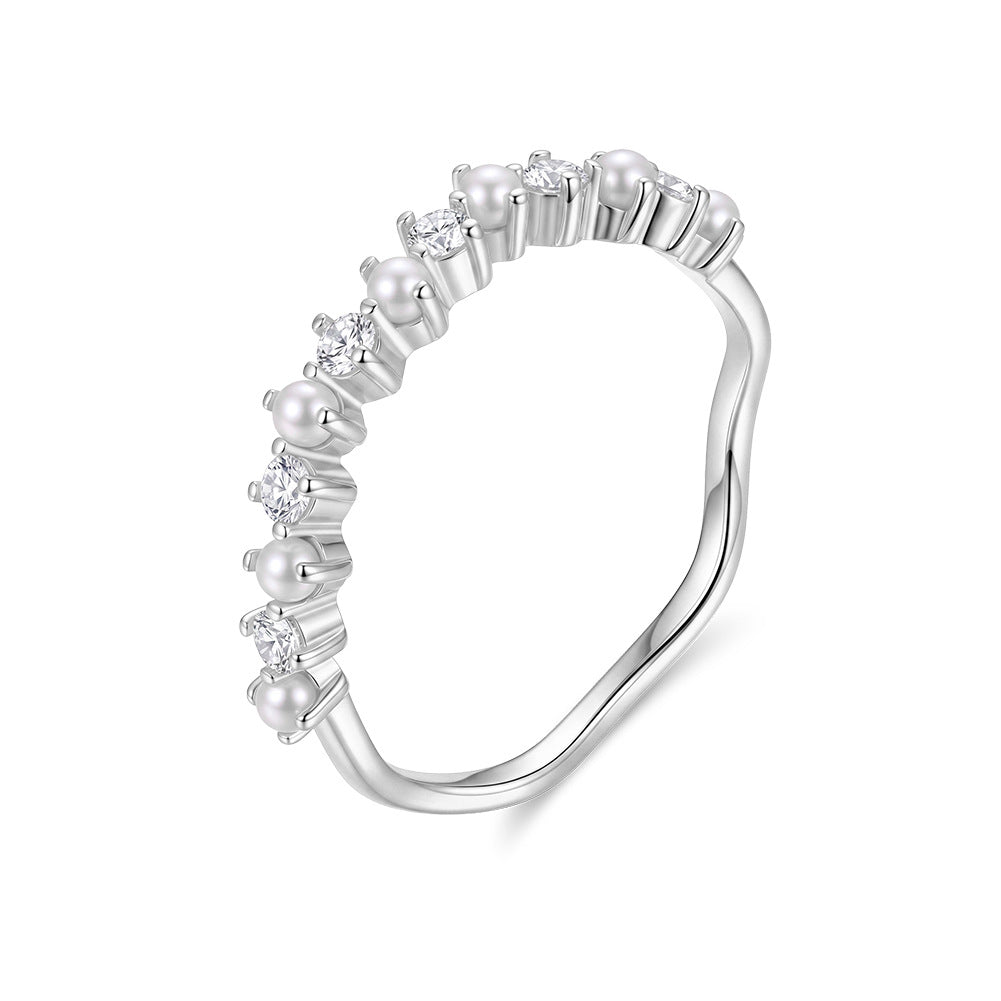 S925 Sterling Silver Wave Band Ring, Lustrous Round Freshwater Pearls with Soft Natural Sheen Alternating with Sparkling Cubic Zirconia