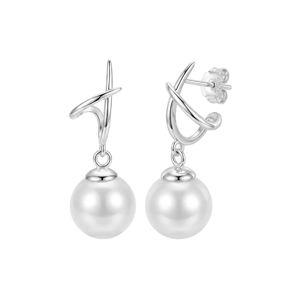 S925 Sterling Silver Twisted Cross Hook Pearl Drop Earrings, Smooth Round Pearl with Soft Creamy Luster