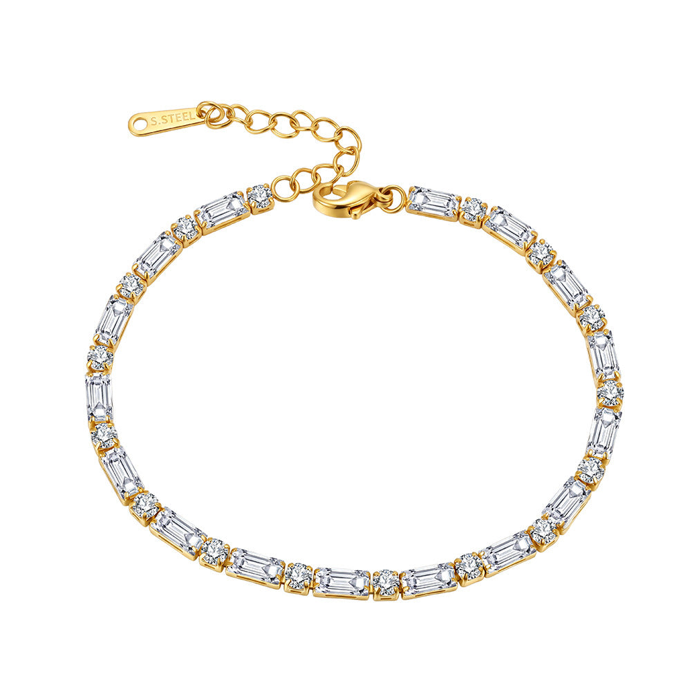 Stainless Steel Baguette and Round CZ Alternating Tennis Bracelet, Rectangular Clear Zirconia Link Bracelet