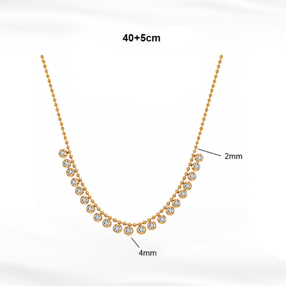 Stainless Steel Beaded CZ Station Necklace, Graduated Round Bezel Set Clear Cubic Zirconia on Fine Ball Chain, Sparkling Curved Choker