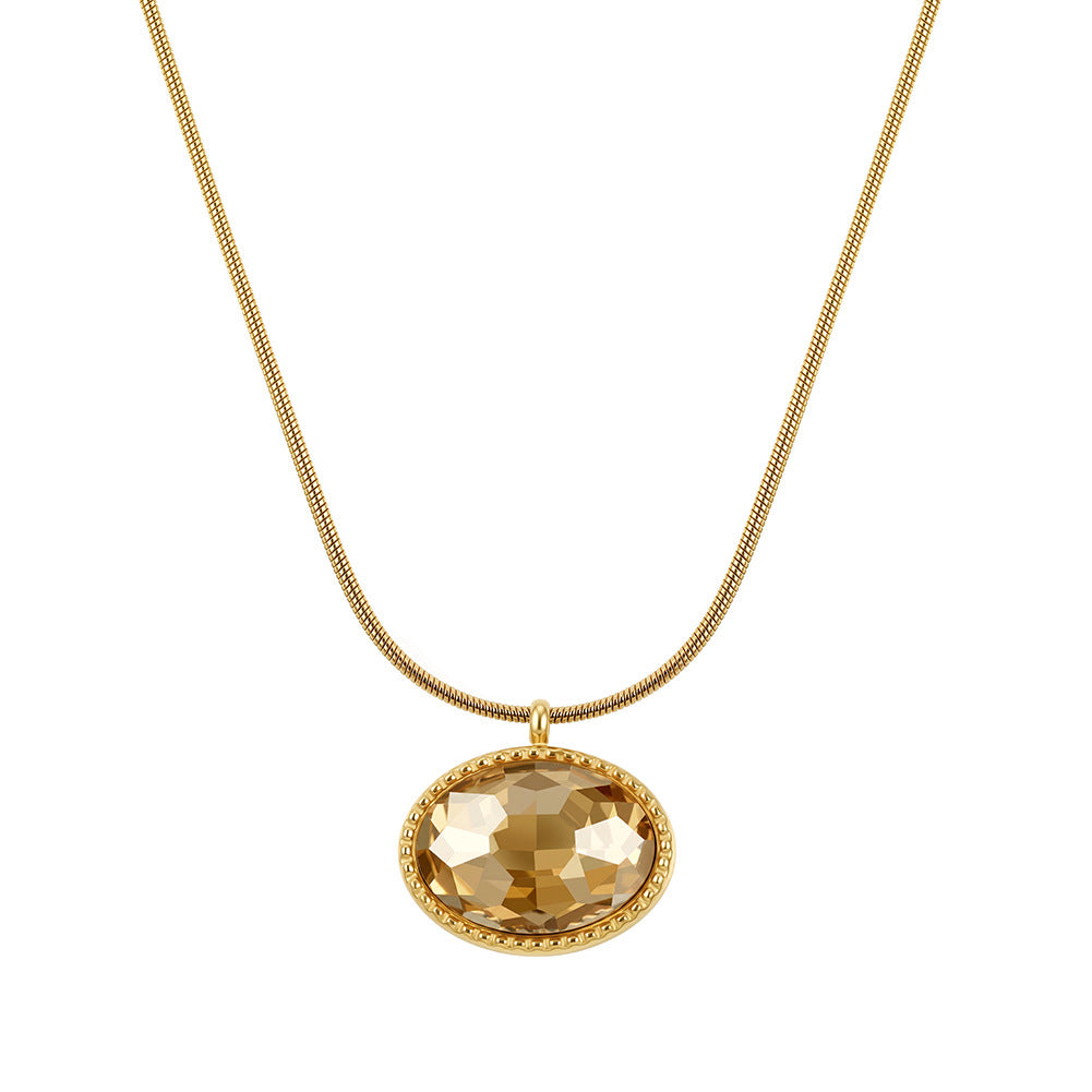 Stainless Steel Oval Champagne Crystal Snake Chain Necklace, Large Faceted Oval Champagne Crystal Stone Set in Delicate Beaded Rim, Sleek Snake Chain