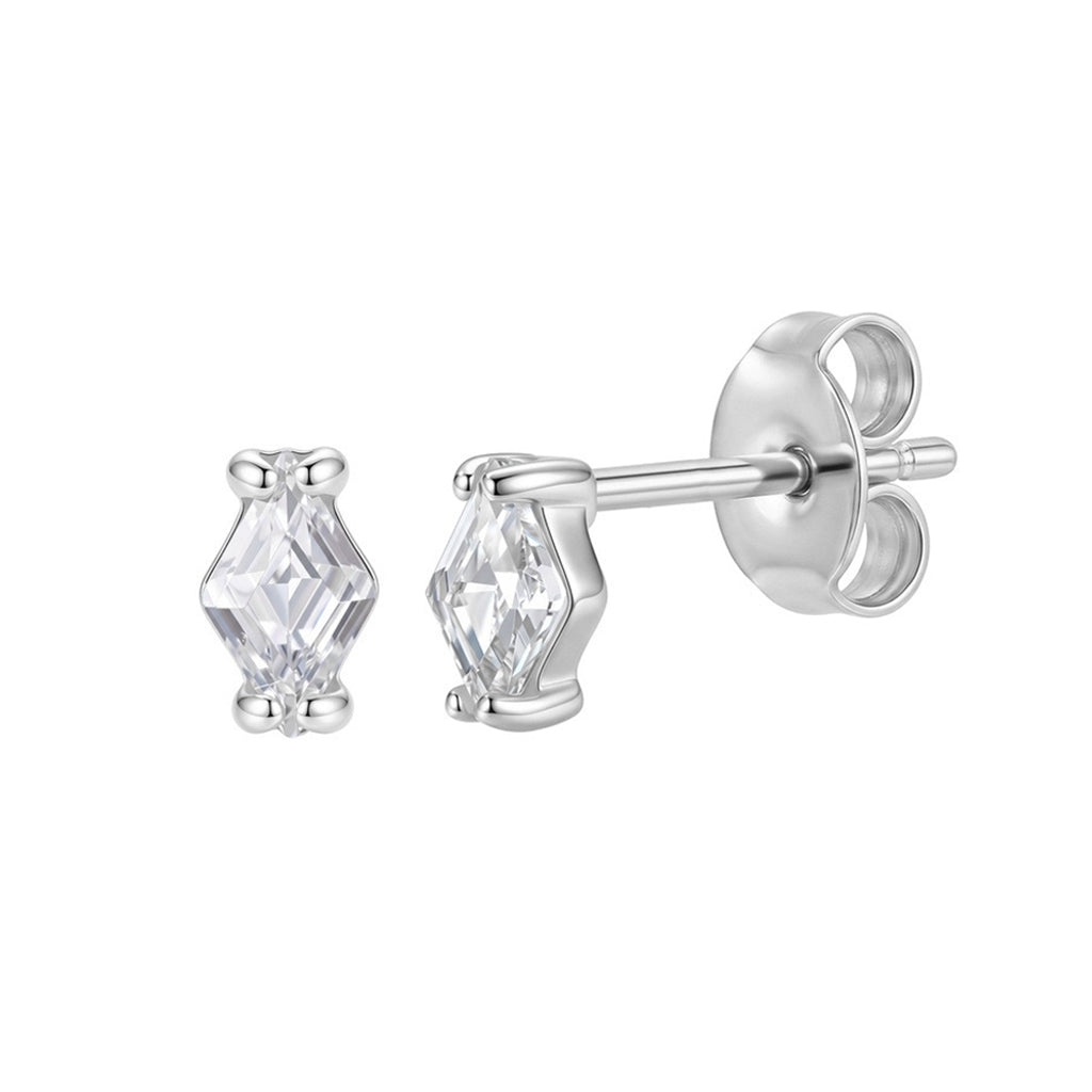 316 Stainless Steel Elongated Kite Cut Cubic Zirconia Stud Earrings, Four Prong Setting, Polished Smooth Silver Finish, Secure Ear Post and Butterfly Backs, Minimalist Sparkling Geometric Earrings for Women