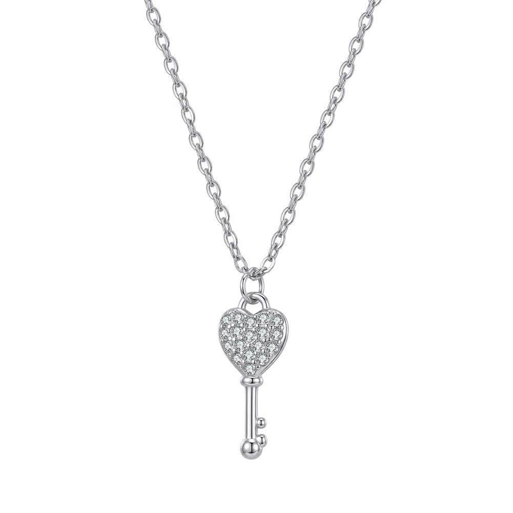 Stainless Steel Paved CZ Heart Key Necklace, Delicate Key Pendant Fully Paved with Tiny Sparkling Clear Cubic Zirconia