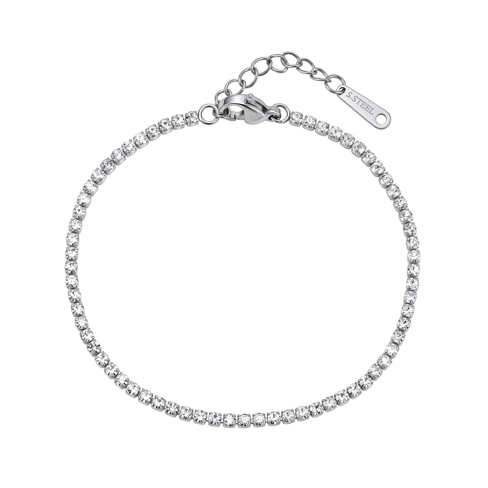Stainless Steel Dainty Round CZ Tennis Bracelet, Thin Sparkling Clear Cubic Zirconia Stackable Bracelet